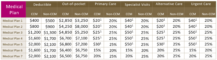 Find Medical plans, Deducible, Out of pocket expense, Primary Care, Specialist Visits, Alternative Care and Urgent Care pricing and percetages.